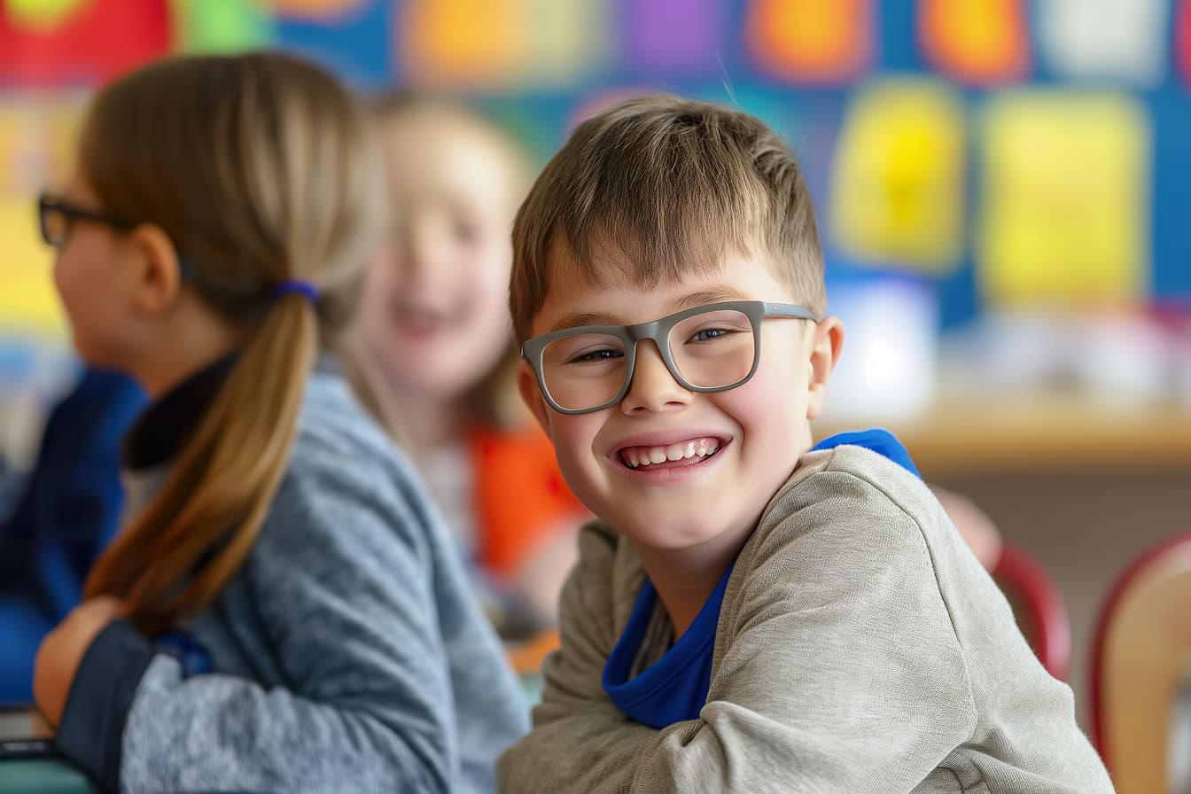 Niño sonriente con gafas sentado junto a otros alumnos en el aula