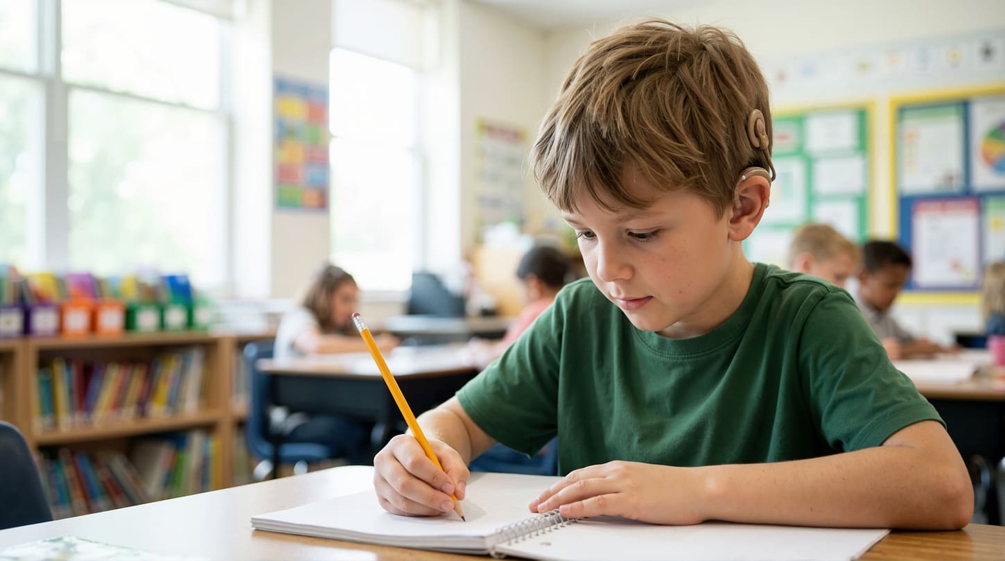 Niño escribiendo en una mesa dentro de un aula escolar