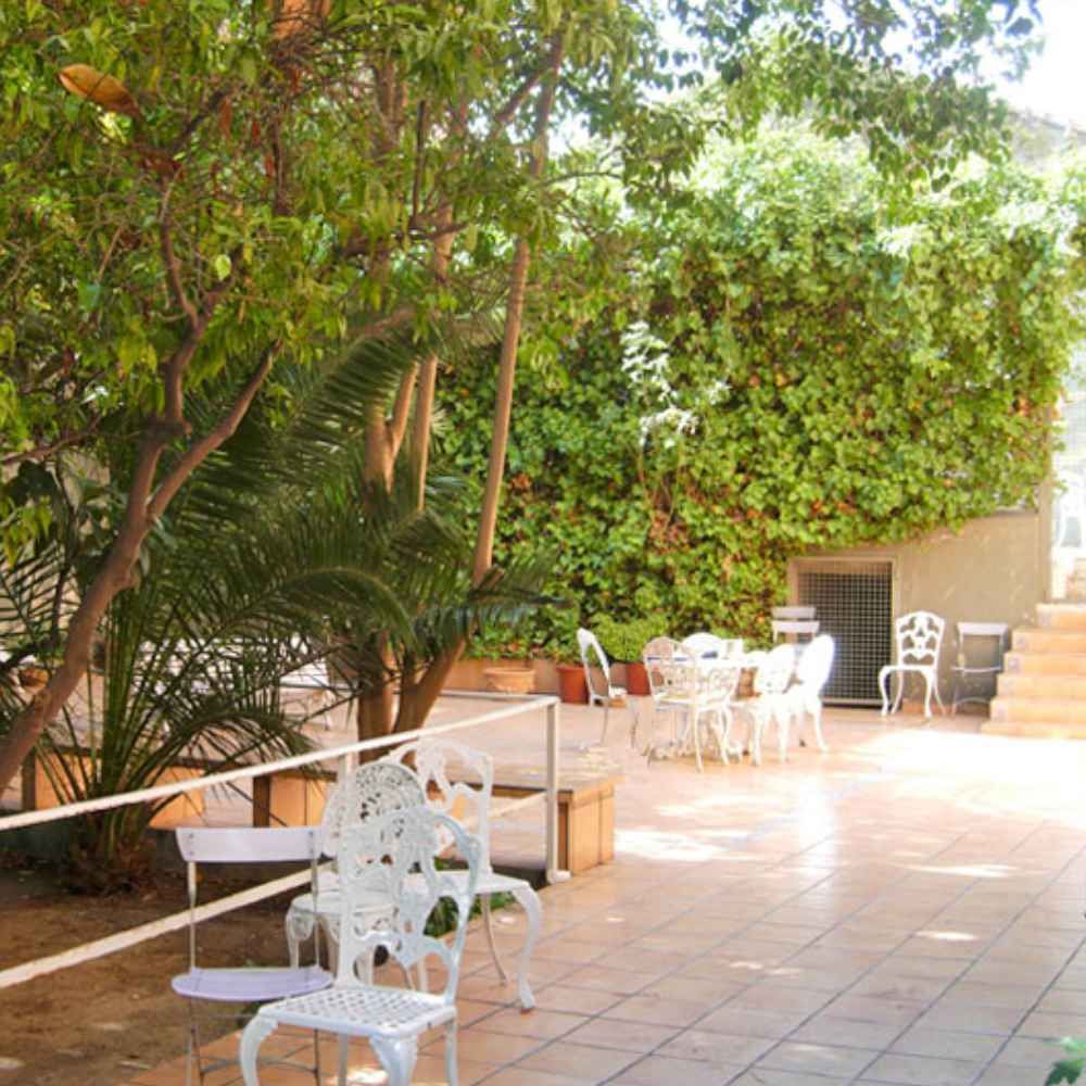 Patio exterior de un centro educativo rodeado de árboles y con mesas y sillas
