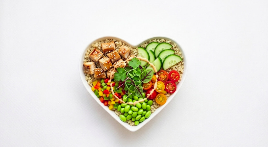 Bowl en forma de corazón conteniendo comida saludable