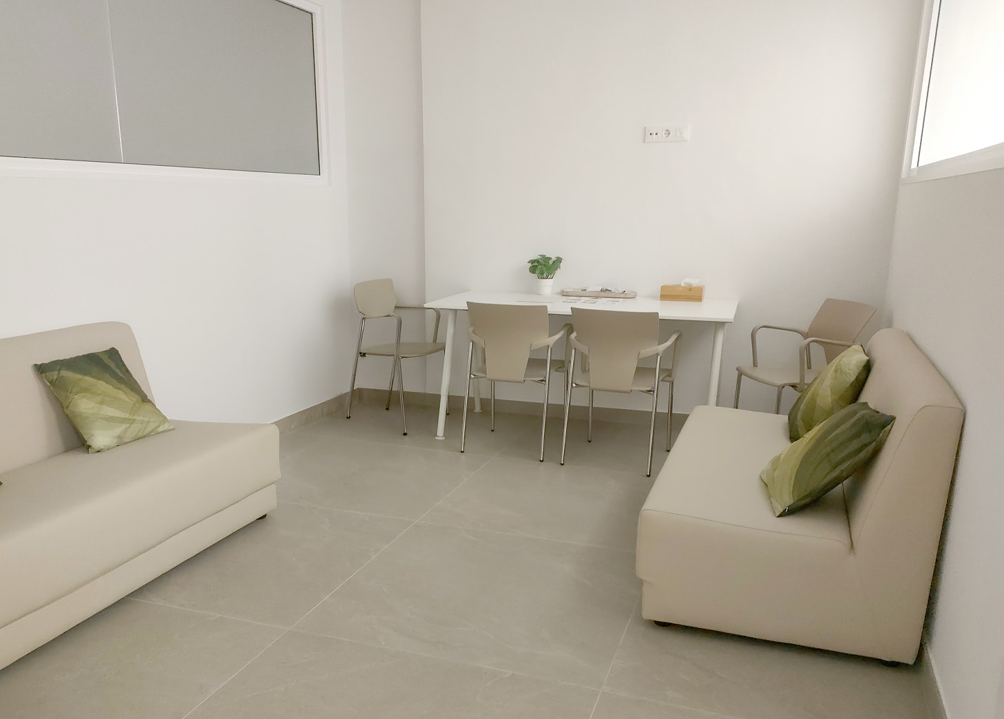 Sala de estar con dos sofás y una mesa de comedor